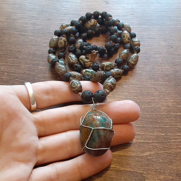 AWESOME- Bloodstone/ DZI Agate/ Black Lava Stone/ Hemp- Knotted Necklace - Picture 2 of 9